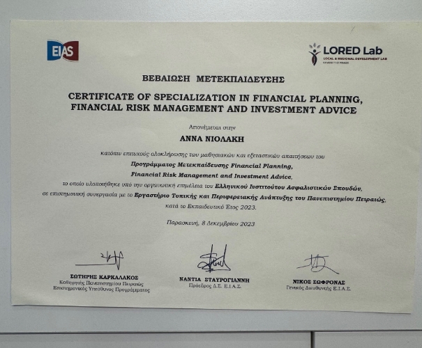 Certificate of Specialization in Financial Planning, Financial Risk Management and Investment Advice